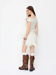 Asymmetrical Neck Paisley Lace Ruched Flared Mini Dress