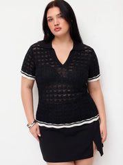 Knit Collar V-Neck Hollow Out See-through Top Curve & Plus