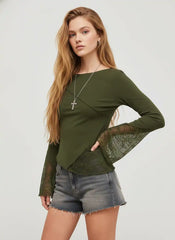 Cotton-blend Boat Neck Patched Asymmetrical Hem Long Sleeve Top