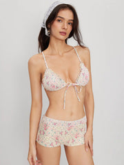 V-neck Floral Shirred Lettuce Trim Knotted Triangle Shorts Bikini Set