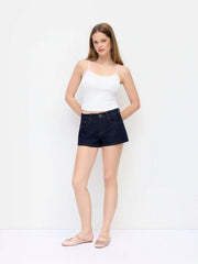 Denim Mid Rise Washed Metal Detail Riding Shorts