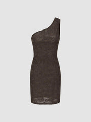 Mesh Asymmetrical Neck Solid Mini Dress