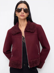 Collar Faux Fur Trim Zip Through Long Sleeve Jacket