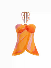 Chiffon Abstract Halter Neckline Ruched Beaded Blouse