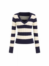 Cable Knit Stripe V-Neck Long Sleeve Top