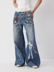 Cider Denim Low Rise Diamond & Lace Graphic Wide Leg Jeans With Hanging