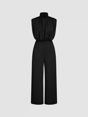 High Neck Solid Zipper Ruched Jumpsuit