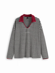 Cotton-blend Striped Sweetheart Neck Contrasting Binding Oversized Tee