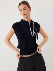 Knit High Neck Knotted Two Tone Top With Scarf