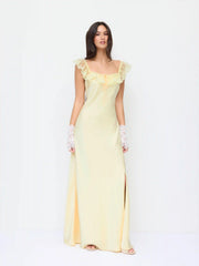 Satin Square Neck Lace Ruffled Split Slip Maxi Dress
