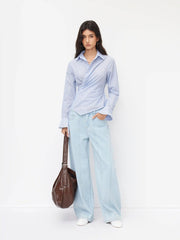 Cotton-blend Collar Asymmetrical Hem Tie Side Ruched Blouse