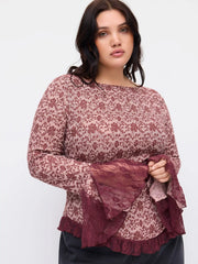 Floral Boat Neck Lace Trim Asymmetrical Hem Bell Sleeve Ruched Top Curve & Plus
