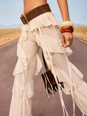 Chiffon Low Rise Knotted Ruffled Flared Trousers