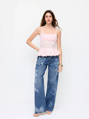 Chiffon Square Neck Lace Panel Peplum Cami Top