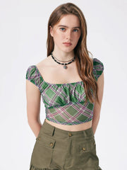 Plaid Square Neck Short Sleeve Blouse