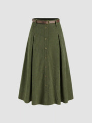 Corduroy Button Maxi Skirt with Belt
