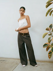 Mid Rise Striped Asymmetrical Straight Leg Trousers