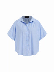 Cotton Striped Ruched Lantern Sleeve Blouse