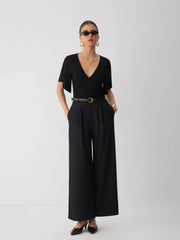 V-neck Bell Sleeve Mid Rise Wide Leg Jumpsuit With Belt
