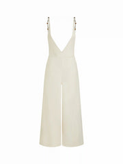 Denim Mid Rise V-neck Backless Pearl Detail Wide Leg Oversized Jumpsuit