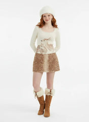 Deer Graphic Scoop Neckline Long Sleeve Lace Trim Bowknot Tee