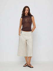 Linen-blend Low Rise Stripe Wide Leg Capris