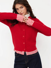 Knit Round Neck Cardigan With Gingham Trim