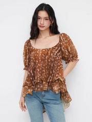 Chiffon U-neckline Deer Print Tie Back Ruffle Puff Sleeve Blouse