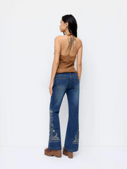 Stretch Denim Floral Embroidery High Rise Flared Trousers