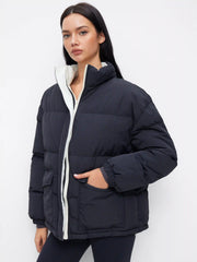 Reversible Stand Collar Colorblock Drawstring Zip Through Oversized Puffer