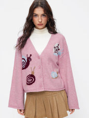 Jacquard Knit V-Neck Snail Bell Sleeve Oversized Cardigan