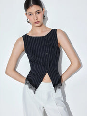 Striped Boat Neck Lace Trim Blazer Vest
