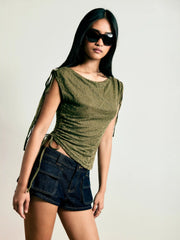 Jacquard Boat Neck Drawstring Ruched Asymmertrical Top
