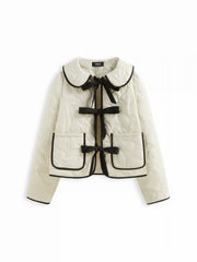Peter Pan Collar Tie Front Bow Contrasting Binding Floral Quilted Oversized Puffer Jacket