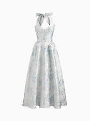 Jacquard Sculptural Halter Neckline Floral Maxi Dress
