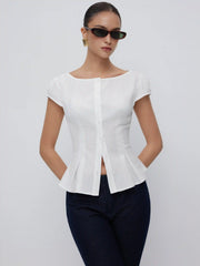 Cotton-blend Textured Boat Neck Puff Sleeve Button Through Peplum Blouse
