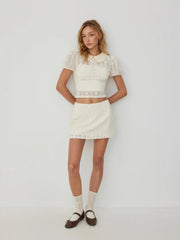 Cotton-blend Lace Peter Pan Collar Top & Mid Rise Mini Skirt Set