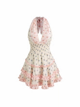 Halter Neckline Ditsy Floral Lace Lettuce Trim Shirred Patchy Tiered Mini Dress