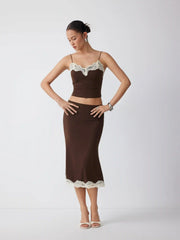 Lace Trim V-neck Cami Top & Low Rise Midi Skirt Set