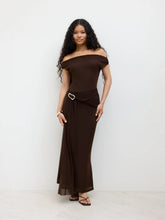 Mesh Asymmetrical Neck Ruched Draped Maxi Dress