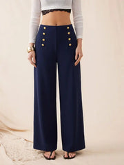 Mid Rise Solid Metal Button Wide Leg Trousers
