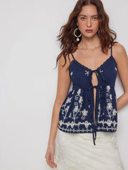 Floral Embroidery V-neck Cami Top with Lace Trim