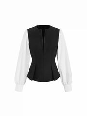 Color-Blocking Lantern Sleeve Cinched Waist Shirt