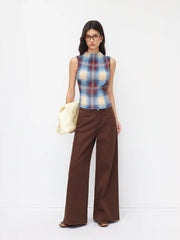 High Neck Plaid Texture Lettuce Trim Tank Top