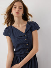 Asymmetrical Neck Tartan Ruched Tie Back Midi Flared Dress