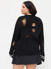Knit Ghost Pattern Stripe Ripped Oversized Top Curve & Plus