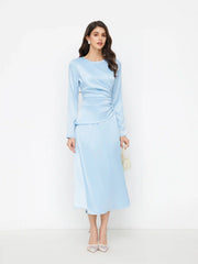 Satin Round Neckline Ruched Lace Up Maxi Dress
