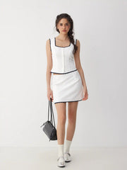 Cotton-blend Jacquard Lace Square Neck Top & Mid Rise Mini Skirt Set