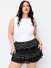 Chiffon Mid Rise Polka Dot Tiered Lace Panel Mini Skort Curve & Plus