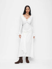 V-neck Lace Ruffled Knotted Bell Sleeve Maxi Dress